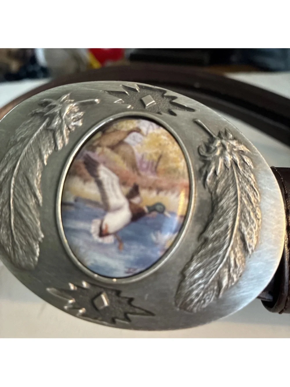 Vtg Leather Belt Julie Zsupnik Porcelain mallard ducks Belt Buckle 33W 1.5width